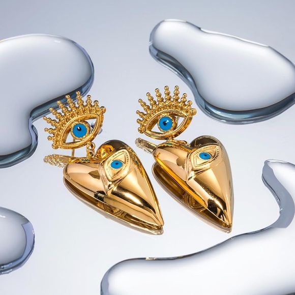 Anthropologie Jewelry - Anthropologie Gold and Blue Heart Eye Earrings